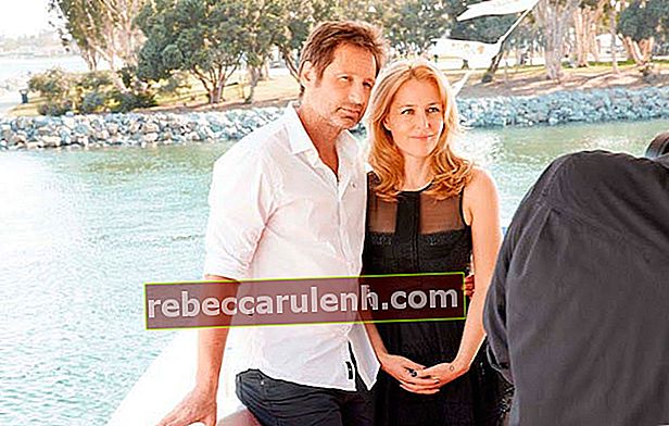 Джиллиан Андерсон с партнером по фильму "Секретные материалы" Дэвидом Духовны для фотосессии TV Guide в Калифорнии в июле 2013 года.