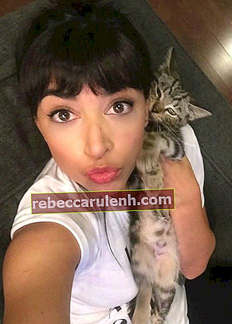 Hannah Simone in einem Selfie mit ihrer Katze im November 2017