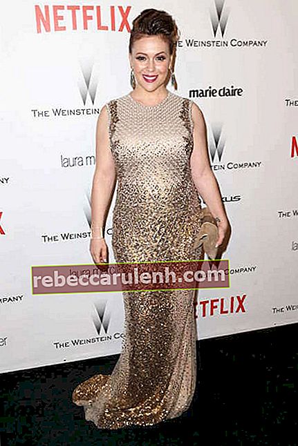 Алиса Милано в The Weinstein Company през 2015 г. и Netflix Party Globes Party