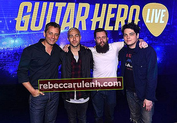 Eric Hirshberg, Pete Wentz, Jamie Jackson und Gerard Way bei der Enthüllung des brandneuen Guitar Hero Live-Spiels im April 2015