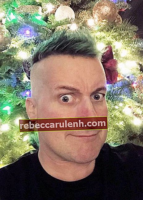 Tré Cool в зелено подчертана коса през декември 2017 г.