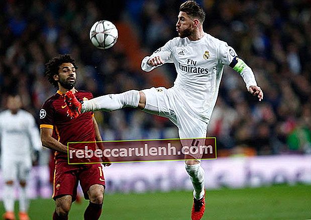Sergio Ramos en duel avec Mohamed Salah lors d'un match entre le Real Madrid et la Roma le 8 mars 2016